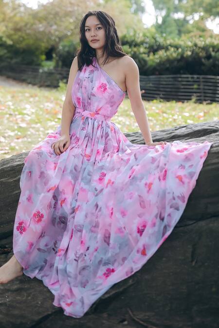 Verano By Tanya_Pink Georgette One Shoulder Mia Floral Print Off Dress _Online_at_Aza_Fashions