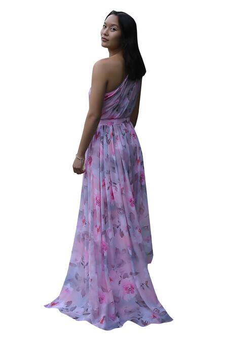 Buy Verano By Tanya Pink Georgette One Shoulder Mia Floral Print Off Dress Online at Aza Fashions Buy_Verano By Tanya_Pink Georgette One Shoulder Mia Floral Print Off Dress _Online_at_Aza_Fashions