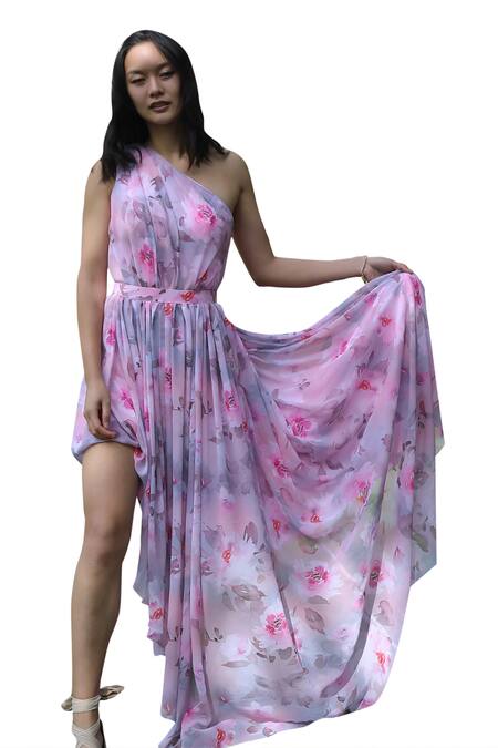 Shop Verano By Tanya Pink Georgette One Shoulder Mia Floral Print Off Dress Online at Aza Fashions Shop_Verano By Tanya_Pink Georgette One Shoulder Mia Floral Print Off Dress _Online_at_Aza_Fashions