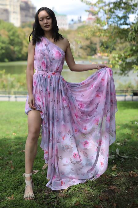 Verano By Tanya Pink Georgette One Shoulder Mia Floral Print Off Dress at Aza Fashions Verano By Tanya_Pink Georgette One Shoulder Mia Floral Print Off Dress _at_Aza_Fashions