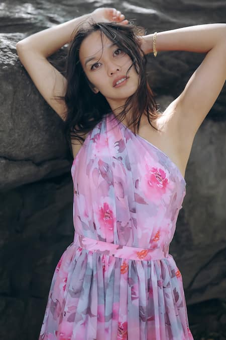 Buy_Verano By Tanya_Pink Georgette One Shoulder Mia Floral Print Off Dress 