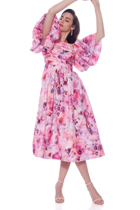 Shop Verano By Tanya Pink Linen One Shoulder Noelle Pleated Floral Print Midi Dress at Aza Fashions Shop_Verano By Tanya_Pink Linen One Shoulder Noelle Pleated Floral Print Midi Dress _at_Aza_Fashions