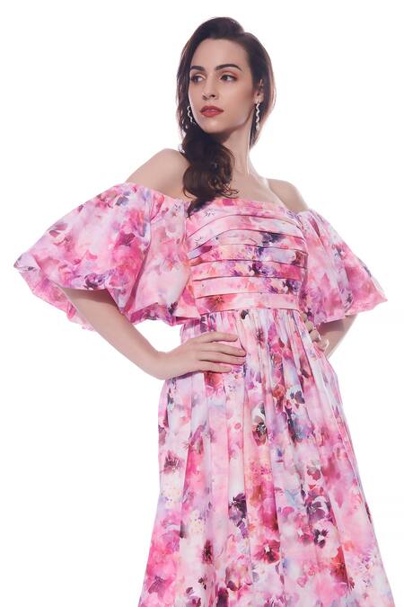 Buy Verano By Tanya Pink Linen One Shoulder Noelle Pleated Floral Print Midi Dress Online at Aza Fashions Buy_Verano By Tanya_Pink Linen One Shoulder Noelle Pleated Floral Print Midi Dress _Online_at_Aza_Fashions