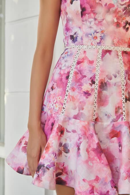 Shop_Verano By Tanya_Pink Linen Lace V-neck Serena Noelle Floral Print Short Dress _Online_at_Aza_Fashions