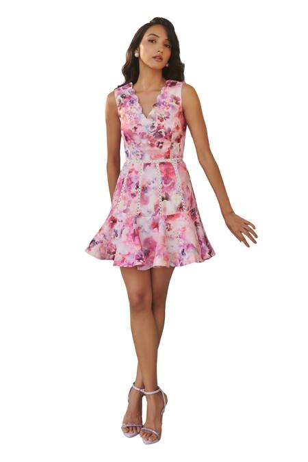 Verano By Tanya_Pink Linen Lace V-neck Serena Noelle Floral Print Short Dress _at_Aza_Fashions