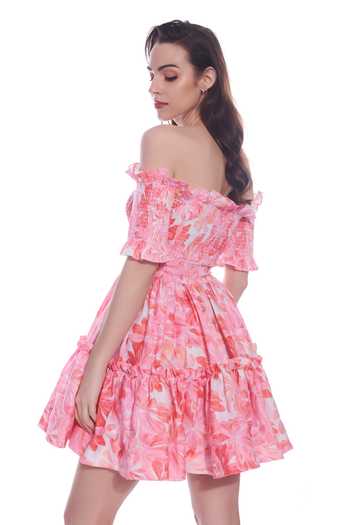 Shop Verano By Tanya Pink Linen Off-shoulder Stella Floral Print Short Dress at Aza Fashions Shop_Verano By Tanya_Pink Linen Off-shoulder Stella Floral Print Short Dress _at_Aza_Fashions