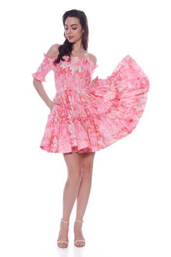 Verano By Tanya Pink Linen Off-shoulder Stella Floral Print Short Dress Online at Aza Fashions Verano By Tanya_Pink Linen Off-shoulder Stella Floral Print Short Dress _Online_at_Aza_Fashions