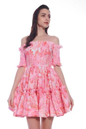 Buy Verano By Tanya Pink Linen Off-shoulder Stella Floral Print Short Dress Online at Aza Fashions Buy_Verano By Tanya_Pink Linen Off-shoulder Stella Floral Print Short Dress _Online_at_Aza_Fashions