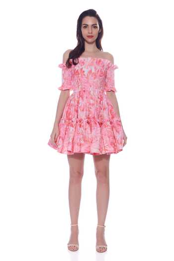 Shop Verano By Tanya Pink Linen Off-shoulder Stella Floral Print Short Dress Online at Aza Fashions Shop_Verano By Tanya_Pink Linen Off-shoulder Stella Floral Print Short Dress _Online_at_Aza_Fashions