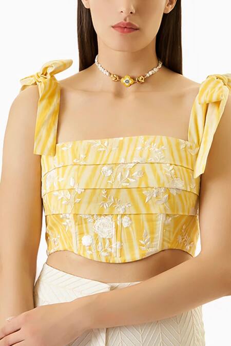 Shop_Verano By Tanya_Yellow Cotton Embroidery Square Neck Thea Floral Corset _Online_at_Aza_Fashions
