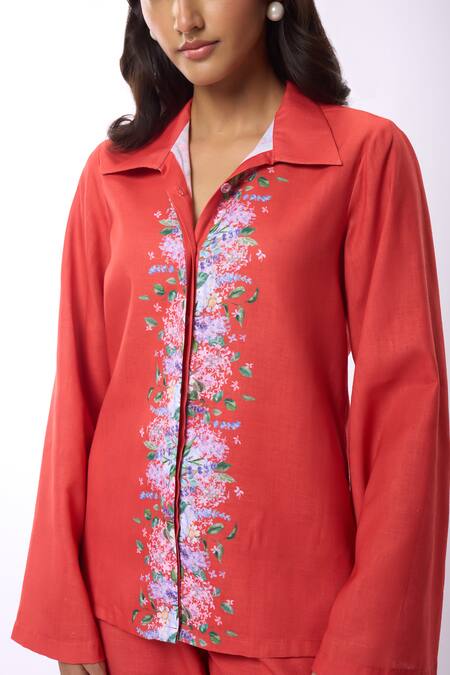 Verano By Tanya_Orange Linen Embroidery Collared Zoella Bell Sleeve Floral Print Shirt _Online_at_Aza_Fashions