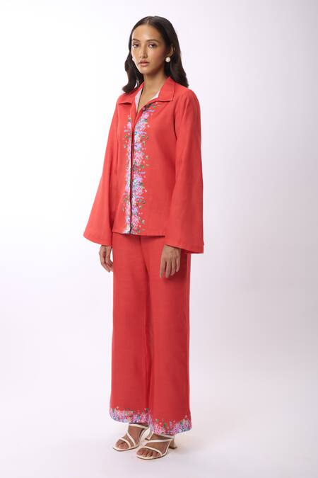 Shop_Verano By Tanya_Orange Linen Embroidery Collared Zoella Bell Sleeve Floral Print Shirt _Online_at_Aza_Fashions