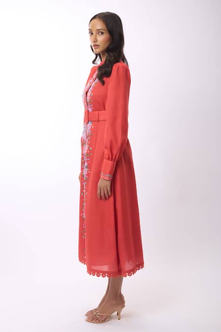 Verano By Tanya_Orange Linen, Cotton Mandarin Collar Zoella Floral Print Shirt Dress With Belt _Online_at_Aza_Fashions