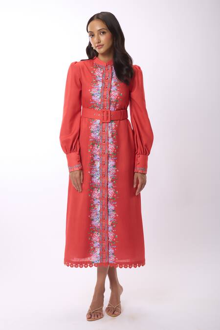 Buy_Verano By Tanya_Orange Linen, Cotton Mandarin Collar Zoella Floral Print Shirt Dress With Belt _Online_at_Aza_Fashions