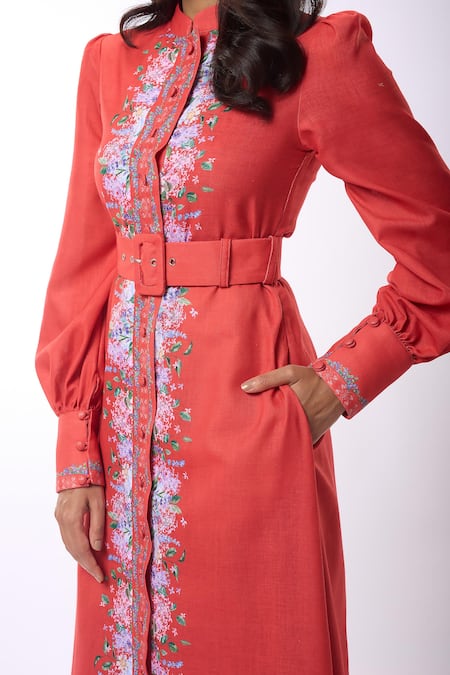 Shop_Verano By Tanya_Orange Linen, Cotton Mandarin Collar Zoella Floral Print Shirt Dress With Belt _Online_at_Aza_Fashions