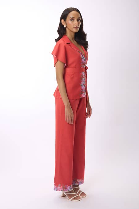 Verano By Tanya_Orange Linen Embroidery Collared Zoella Floral Print Shirt With Belt _Online_at_Aza_Fashions