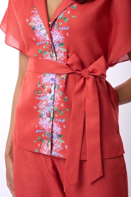 Buy_Verano By Tanya_Orange Linen Embroidery Collared Zoella Floral Print Shirt With Belt _Online_at_Aza_Fashions