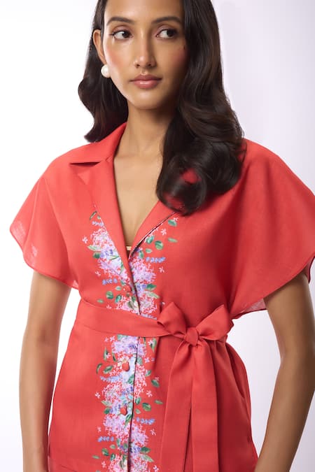 Shop_Verano By Tanya_Orange Linen Embroidery Collared Zoella Floral Print Shirt With Belt _Online_at_Aza_Fashions