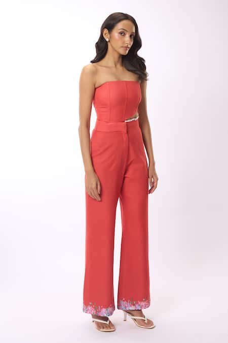 Shop Verano By Tanya Orange Linen Embroidery Zoella Floral Print Hem Trouser at Aza Fashions Shop_Verano By Tanya_Orange Linen Embroidery Zoella Floral Print Hem Trouser _at_Aza_Fashions