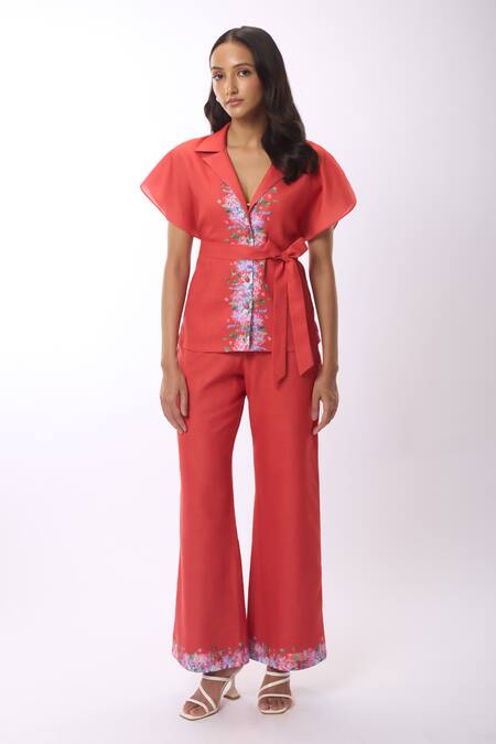 Verano By Tanya Orange Linen Embroidery Zoella Floral Print Hem Trouser Online at Aza Fashions Verano By Tanya_Orange Linen Embroidery Zoella Floral Print Hem Trouser _Online_at_Aza_Fashions