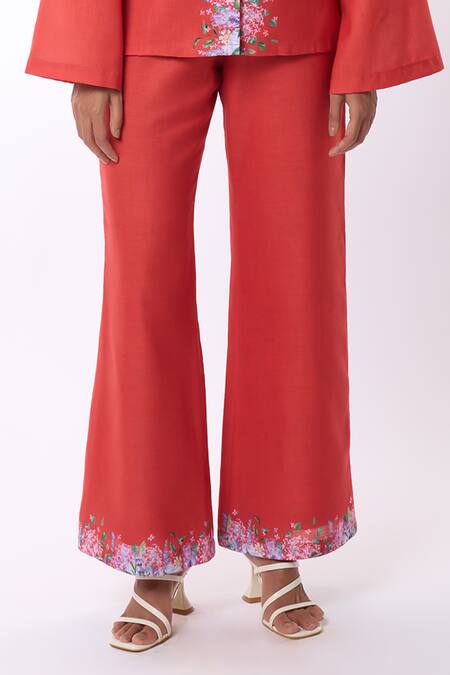 Buy Verano By Tanya Orange Linen Embroidery Zoella Floral Print Hem Trouser Online at Aza Fashions Buy_Verano By Tanya_Orange Linen Embroidery Zoella Floral Print Hem Trouser _Online_at_Aza_Fashions