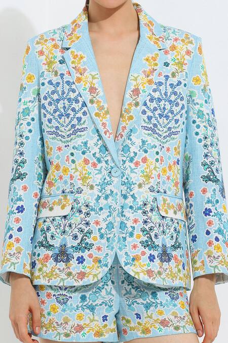 RANNA GILL_Multi Color Linen Blend Printed Normandy Lapel Collar Rea Jacket_Online_at_Aza_Fashions