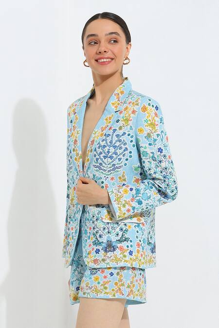 Buy_RANNA GILL_Multi Color Linen Blend Printed Normandy Lapel Collar Rea Jacket_Online_at_Aza_Fashions