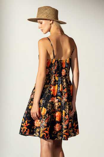 Buy_RANNA GILL_Black Linen Blend Print Floral Sweetheart Neck Haven Dress_Online_at_Aza_Fashions