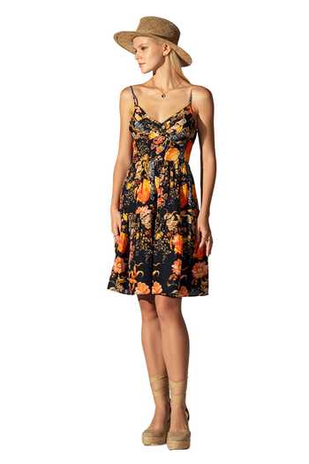 Shop_RANNA GILL_Black Linen Blend Print Floral Sweetheart Neck Haven Dress_Online_at_Aza_Fashions