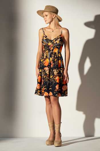 RANNA GILL_Black Linen Blend Print Floral Sweetheart Neck Haven Dress_at_Aza_Fashions