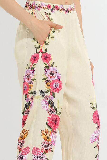 RANNA GILL_Multi Color Satin Modal Print Floral Lurenz Rara Pant_Online_at_Aza_Fashions
