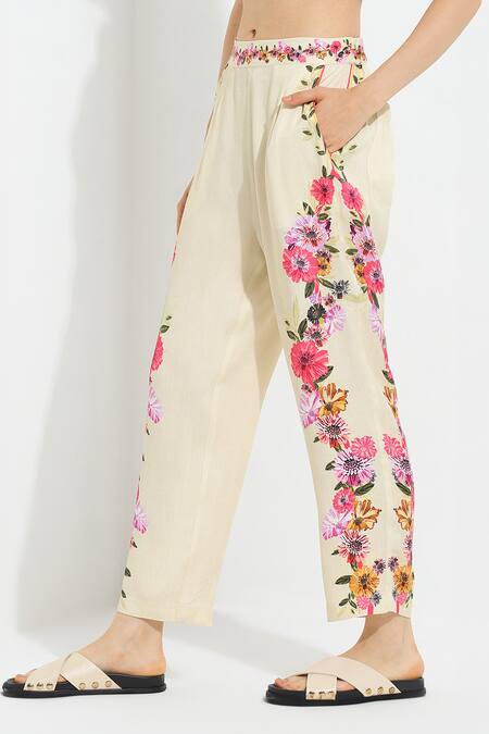 Shop_RANNA GILL_Multi Color Satin Modal Print Floral Lurenz Rara Pant_Online_at_Aza_Fashions