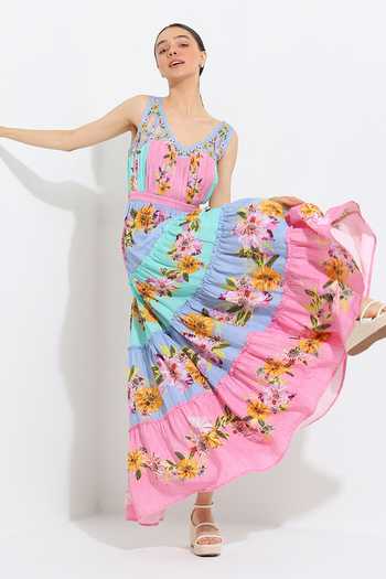 Buy Multi Color Linen Blend Print Floral V Neck Kelli Maxi Dress For Women  by RANNA GILL Online at Aza Fashions.