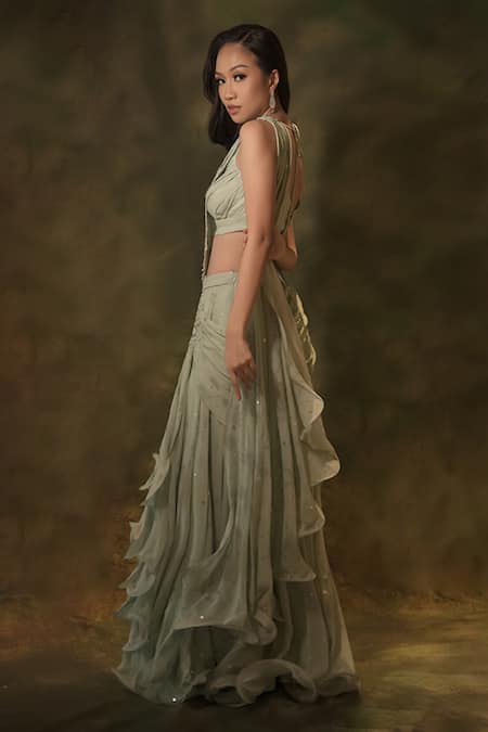 Archana Kochhar Sequin Embroidered Pre-Draped Saree With Blouse 