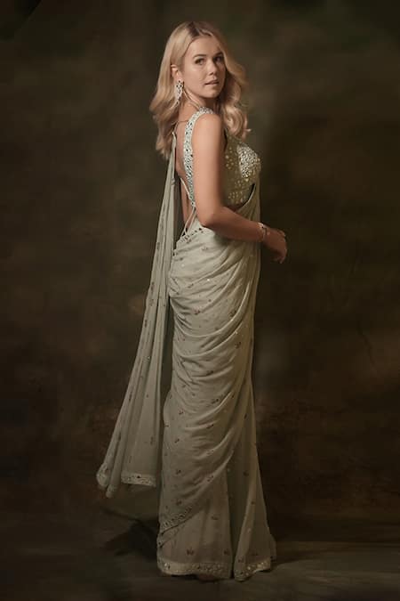 Buy_Archana Kochhar_Green Georgette Sequins, Scatter Embellished Pre-draped Saree With Blouse _Online_at_Aza_Fashions