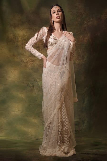 Archana Kochhar Ivory Net Embroidered Pearl Lucknowi Pre-draped Saree With Blouse 