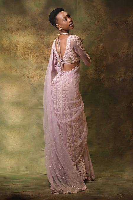 Archana Kochhar Lucknowi Floral Embroidered Pre-Draped Saree With Blouse 