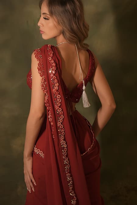 Archana Kochhar Pearl Embroidered Border Pre-Draped Saree With Blouse 