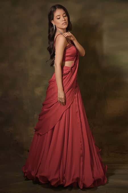 Buy Archana Kochhar Red Chiffon Beads, Embroidered Border Pre-draped Lehenga Saree With Blouse Online at Aza Fashions Buy_Archana Kochhar_Red Chiffon Beads, Embroidered Border Pre-draped Lehenga Saree With Blouse _Online_at_Aza_Fashions