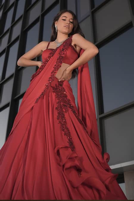 Shop Archana Kochhar Red Chiffon Beads, Embroidered Border Pre-draped Lehenga Saree With Blouse Online at Aza Fashions Shop_Archana Kochhar_Red Chiffon Beads, Embroidered Border Pre-draped Lehenga Saree With Blouse _Online_at_Aza_Fashions