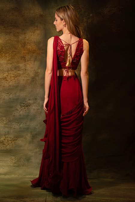 Archana Kochhar Sequin Bead Embroidered Pre-Draped Saree With Blouse 