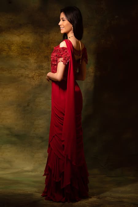 Archana Kochhar Bead Sequin Embroidered Pre-Draped Saree With Blouse 