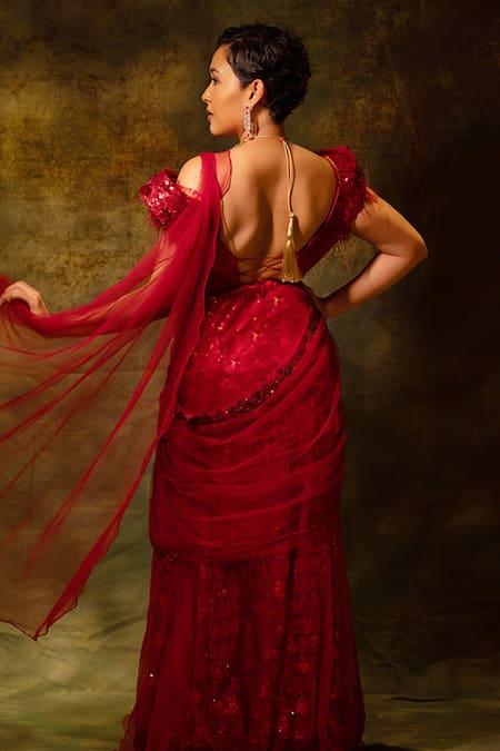 Archana Kochhar 3D Floral Embroidered Pre-Draped Saree With Silk Blouse 