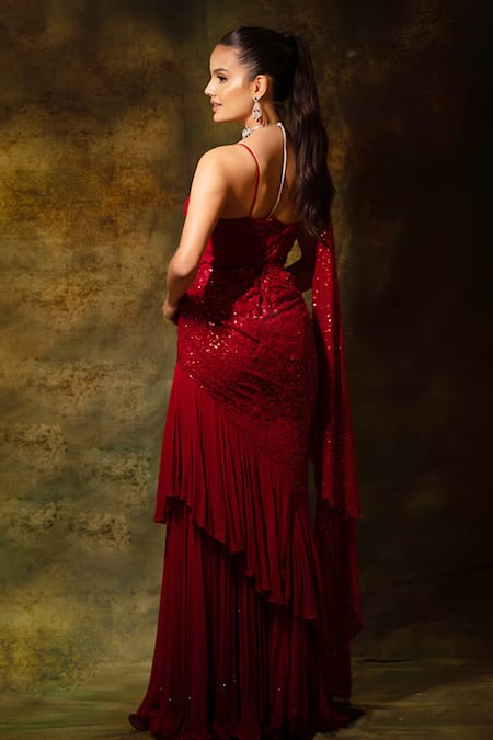 Archana Kochhar Red Sequined Cut-Out Saree Gown 
