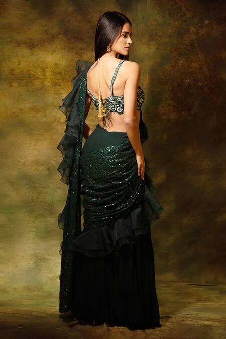 Archana Kochhar Sequined Pre-Draped Ruffle Sharara Saree With Embroidered Blouse 