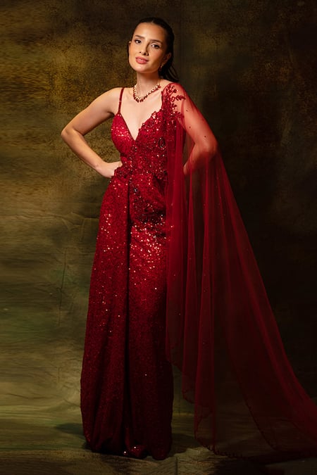 Archana Kochhar Red Georgette Embroidered Bead Plunge Sequin Embellished Cut-out Draped Gown 