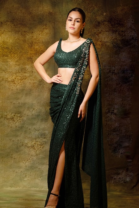 Archana Kochhar Sequined Slit Pre-Draped Saree With Blouse 