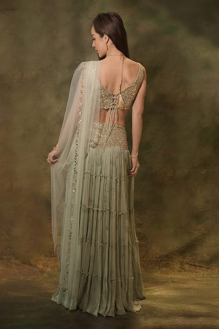 Archana Kochhar Attached Draped Tiered Lehenga With Mirrorwork Blouse