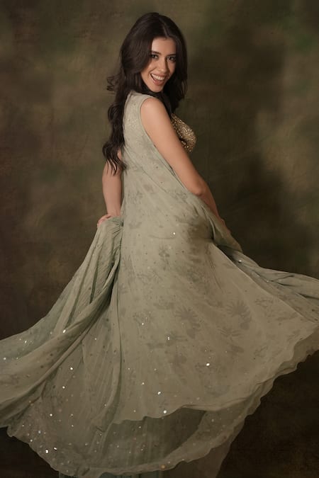 Archana Kochhar Green Georgette Sequins, Mirrors Floral Print Embellished Lehenga Jacket Set Online at Aza Fashions Archana Kochhar_Green Georgette Sequins, Mirrors Floral Print Embellished Lehenga Jacket Set _Online_at_Aza_Fashions