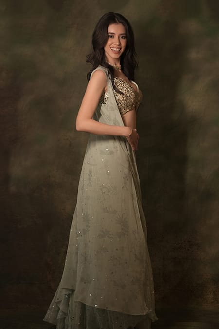 Buy Archana Kochhar Green Georgette Sequins, Mirrors Floral Print Embellished Lehenga Jacket Set Online at Aza Fashions Buy_Archana Kochhar_Green Georgette Sequins, Mirrors Floral Print Embellished Lehenga Jacket Set _Online_at_Aza_Fashions